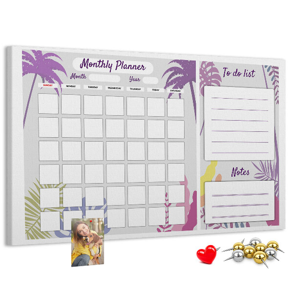 Bacheca in sughero calendario mensile con stampa di piante tropicali