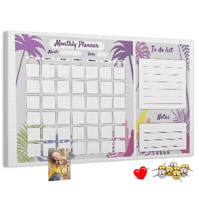 Bacheca in sughero calendario mensile con stampa di piante tropicali