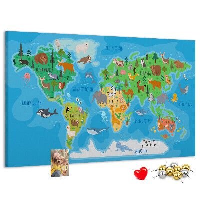 Bacheca in sughero mappa del mondo con illustrazioni di animali