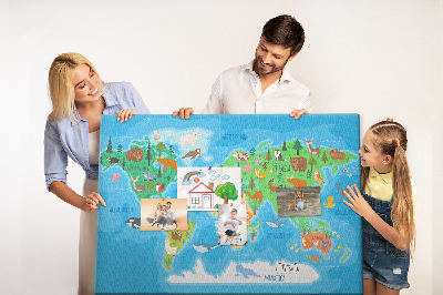 Bacheca in sughero mappa del mondo con illustrazioni di animali