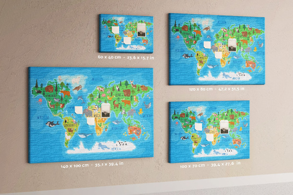 Bacheca in sughero mappa del mondo con illustrazioni di animali