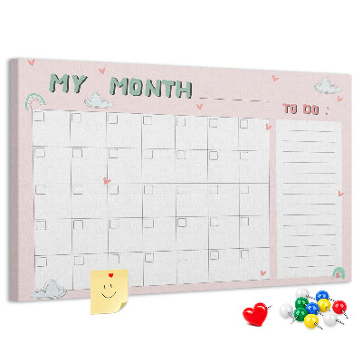 Bacheca in sughero con stampa calendario rosa, nuvole e cuori