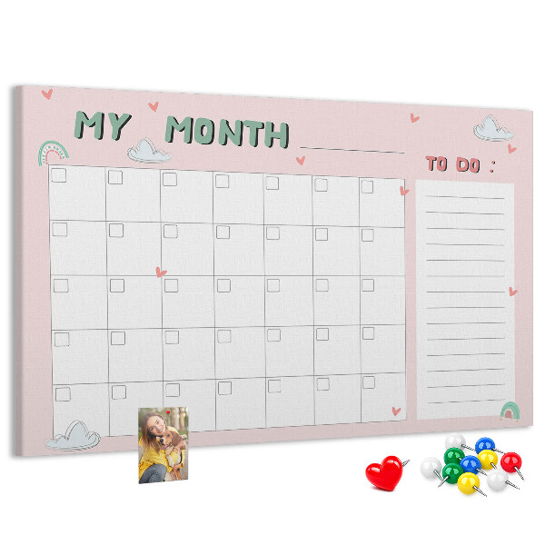 Bacheca in sughero con stampa calendario rosa, nuvole e cuori