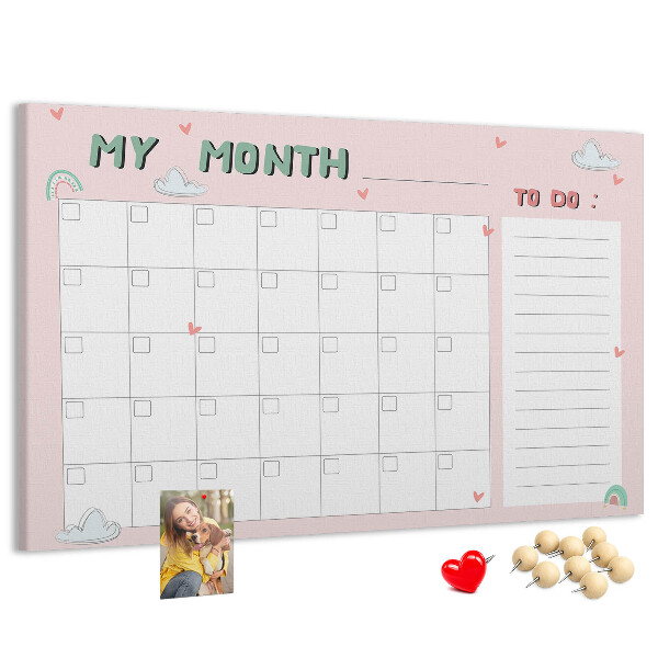 Bacheca in sughero con stampa calendario rosa, nuvole e cuori