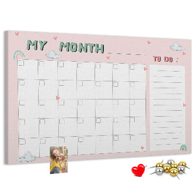 Bacheca in sughero con stampa calendario rosa, nuvole e cuori