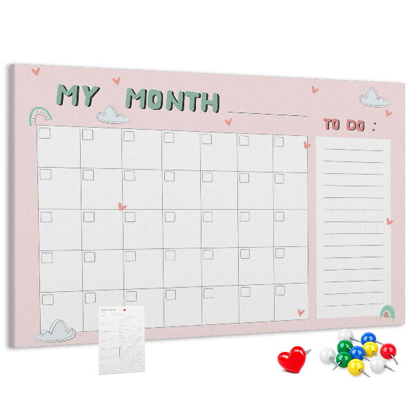 Bacheca in sughero con stampa calendario rosa, nuvole e cuori