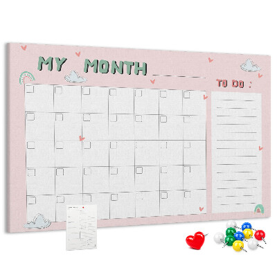 Bacheca in sughero con stampa calendario rosa, nuvole e cuori