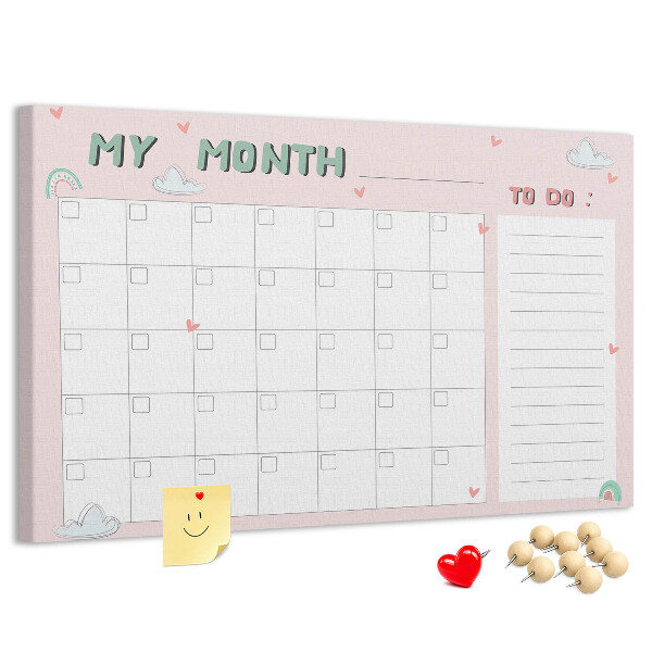 Bacheca in sughero con stampa calendario rosa, nuvole e cuori
