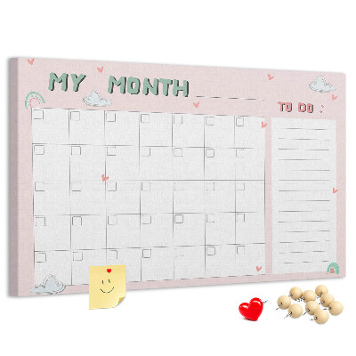 Bacheca in sughero con stampa calendario rosa, nuvole e cuori