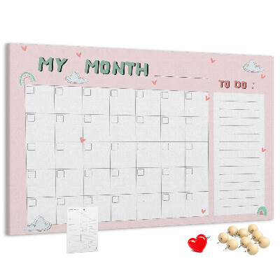 Bacheca in sughero con stampa calendario rosa, nuvole e cuori