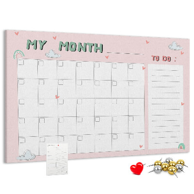 Bacheca in sughero con stampa calendario rosa, nuvole e cuori