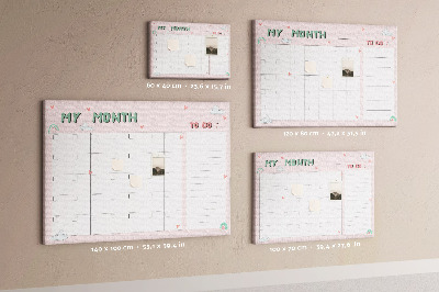 Bacheca in sughero con stampa calendario rosa, nuvole e cuori