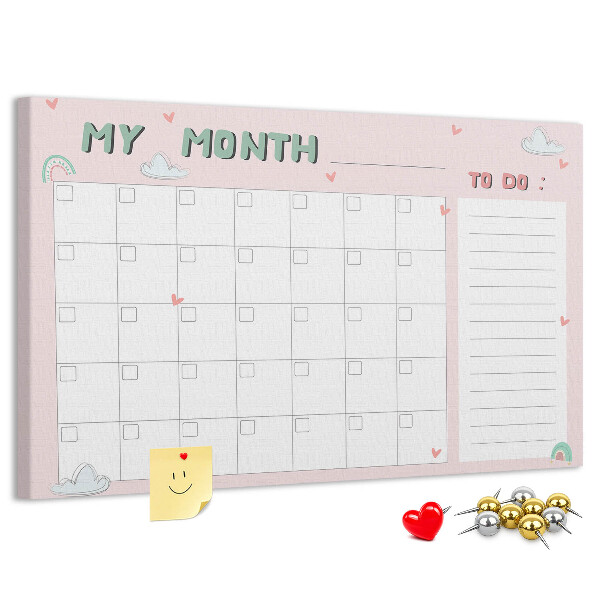 Bacheca in sughero con stampa calendario rosa, nuvole e cuori