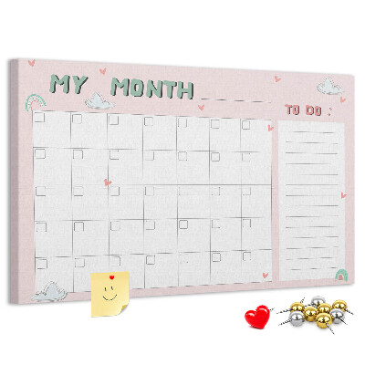 Bacheca in sughero con stampa calendario rosa, nuvole e cuori