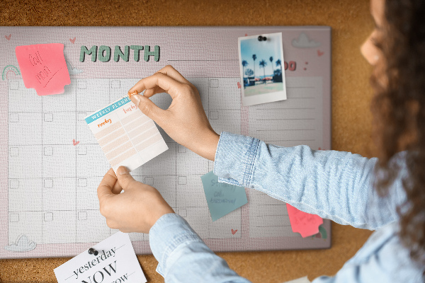 Bacheca in sughero con stampa calendario rosa, nuvole e cuori