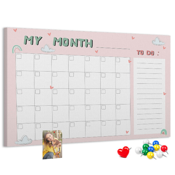 Bacheca in sughero con stampa calendario rosa, nuvole e cuori