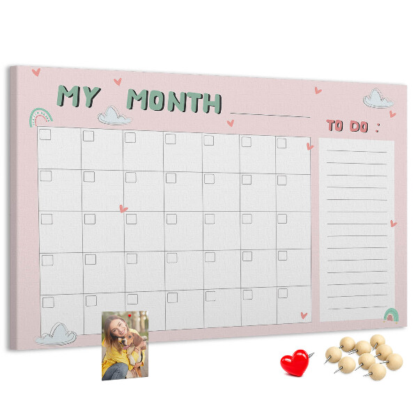 Bacheca in sughero con stampa calendario rosa, nuvole e cuori