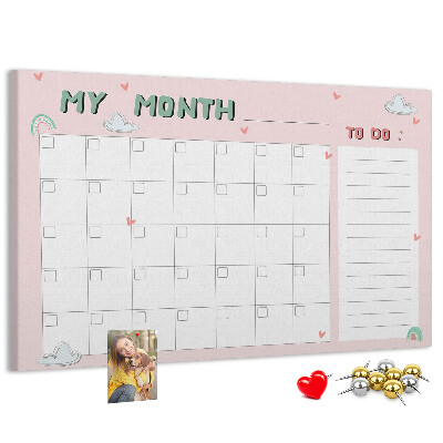 Bacheca in sughero con stampa calendario rosa, nuvole e cuori