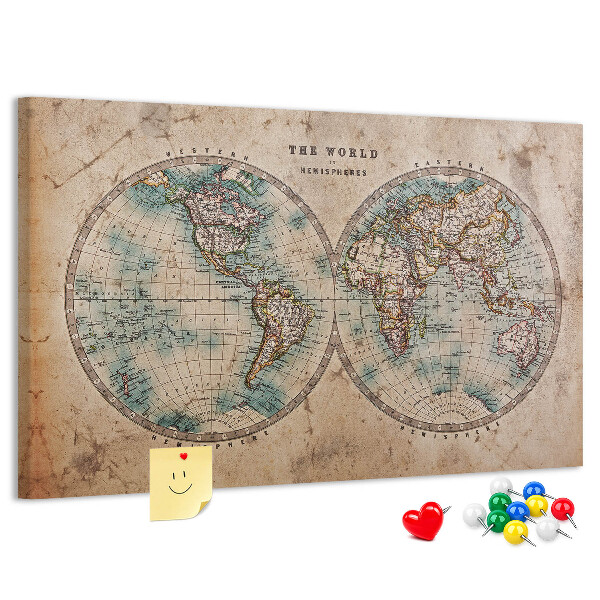 Lavagna di sughero mappa del mondo antico con contorni colorati