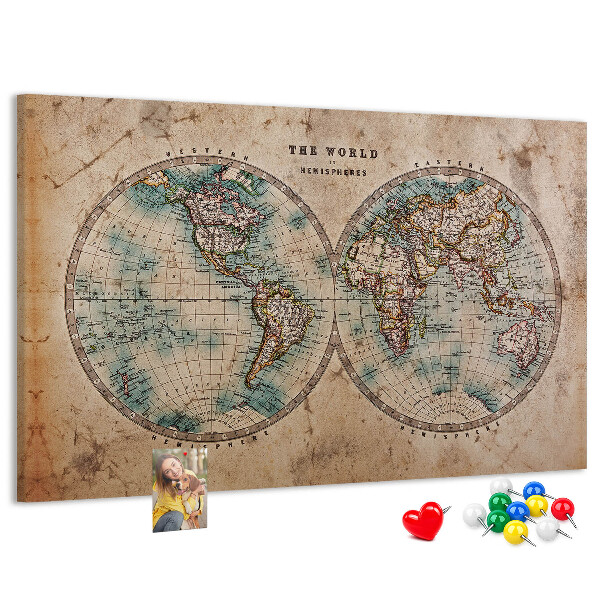 Lavagna di sughero mappa del mondo antico con contorni colorati