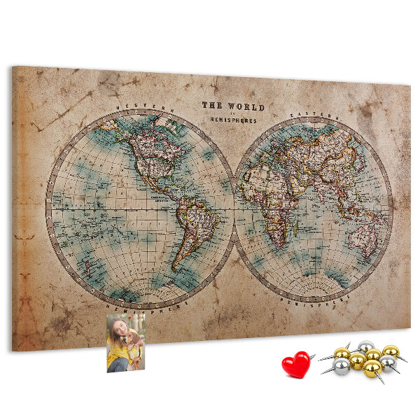 Lavagna di sughero mappa del mondo antico con contorni colorati