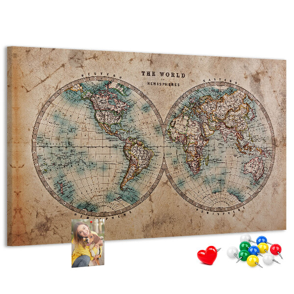 Lavagna di sughero mappa del mondo antico con contorni colorati