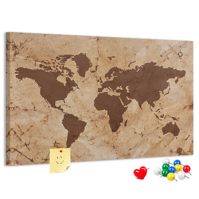 Lavagna di sughero con mappa del mondo antico su sfondo marrone