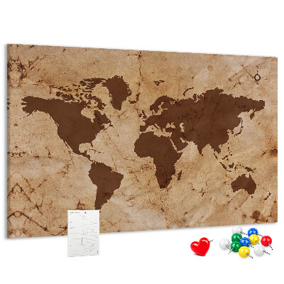 Lavagna di sughero con mappa del mondo antico su sfondo marrone
