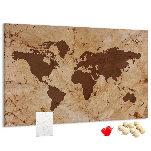 Lavagna di sughero con mappa del mondo antico su sfondo marrone