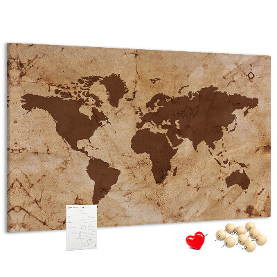 Lavagna di sughero con mappa del mondo antico su sfondo marrone
