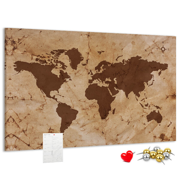 Lavagna di sughero con mappa del mondo antico su sfondo marrone