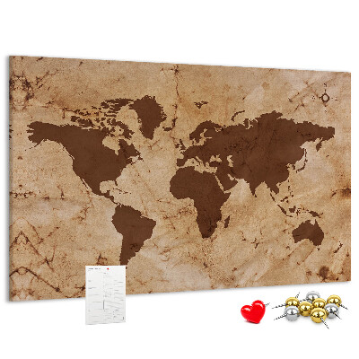 Lavagna di sughero con mappa del mondo antico su sfondo marrone