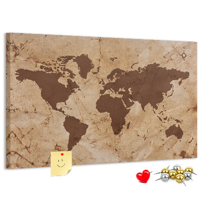 Lavagna di sughero con mappa del mondo antico su sfondo marrone