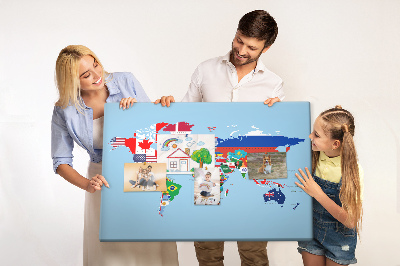 Bacheca in sughero mappa del mondo con bandiere dei paesi