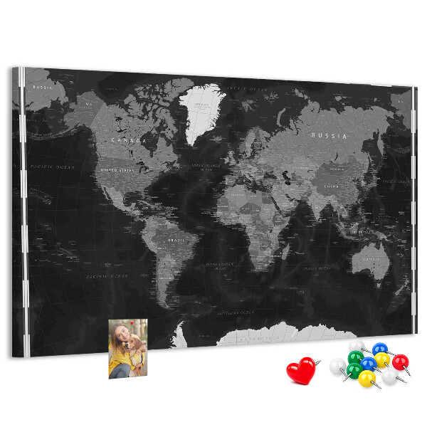 Lavagna di sughero mappa del mondo nera con contorni dei paesi