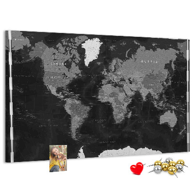 Lavagna di sughero mappa del mondo nera con contorni dei paesi