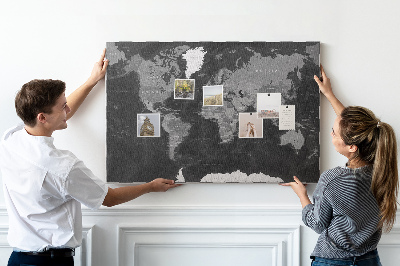 Lavagna di sughero mappa del mondo nera con contorni dei paesi