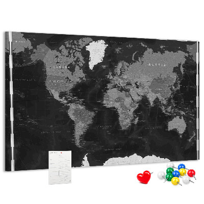 Lavagna di sughero mappa del mondo nera con contorni dei paesi