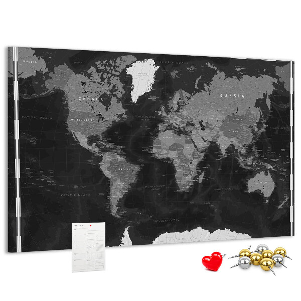 Lavagna di sughero mappa del mondo nera con contorni dei paesi