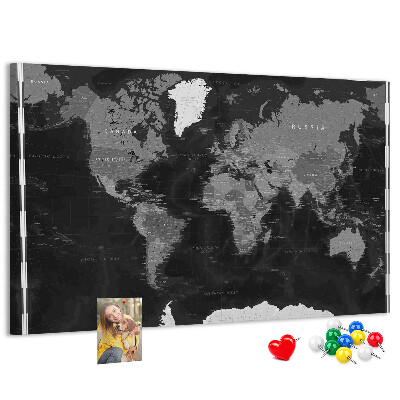 Lavagna di sughero mappa del mondo nera con contorni dei paesi