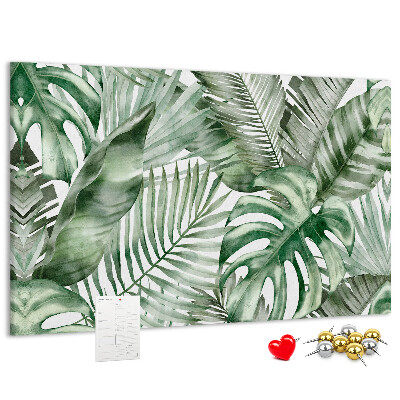 Bacheca in sughero con stampa di foglie tropicali in varie tonalità di verde