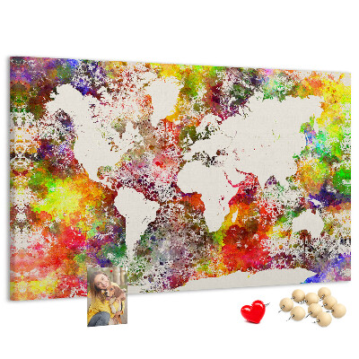 Bacheca in sughero mappa del mondo colorata in stile acquerello