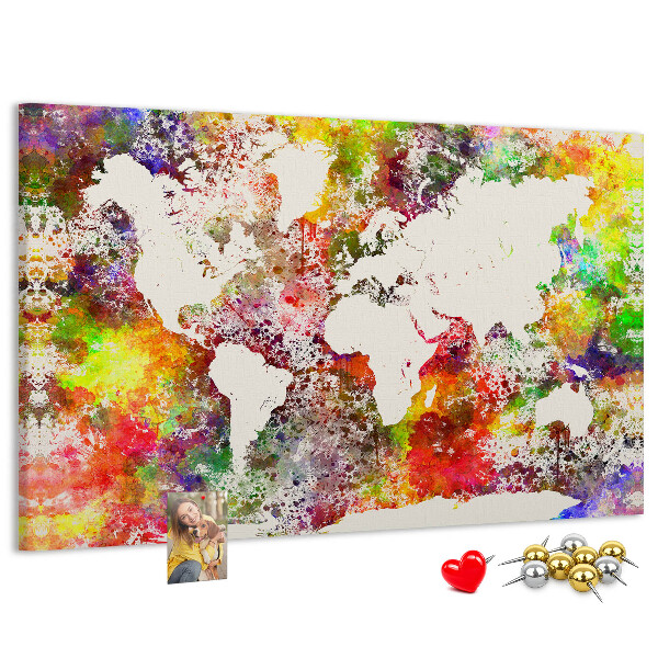 Bacheca in sughero mappa del mondo colorata in stile acquerello