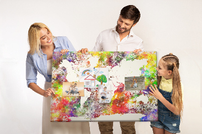 Bacheca in sughero mappa del mondo colorata in stile acquerello