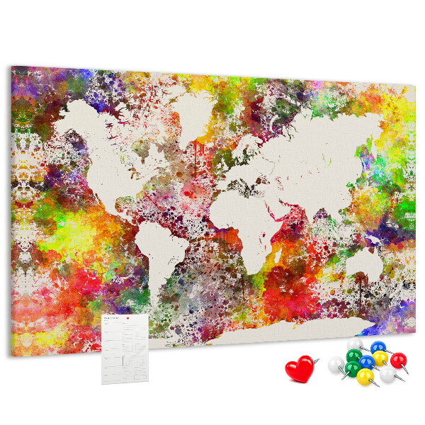 Bacheca in sughero mappa del mondo colorata in stile acquerello