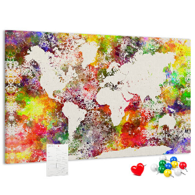 Bacheca in sughero mappa del mondo colorata in stile acquerello