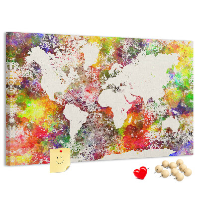 Bacheca in sughero mappa del mondo colorata in stile acquerello