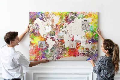 Bacheca in sughero mappa del mondo colorata in stile acquerello