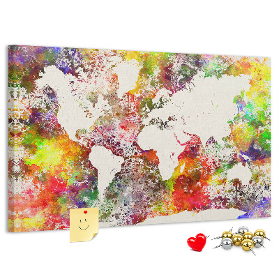 Bacheca in sughero mappa del mondo colorata in stile acquerello