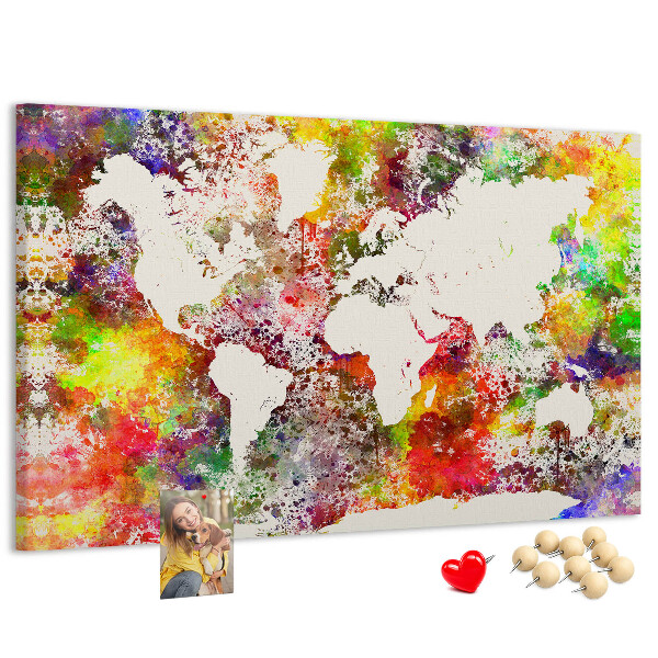 Bacheca in sughero mappa del mondo colorata in stile acquerello